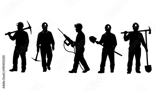 Miner silhouettes with hard hats and tools including pickaxe and drill in industrial poses isolated on white background