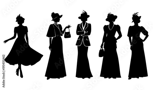 Elegant vintage women silhouette set with classic dresses and hats in stylish fashion poses isolated on white