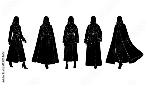 Women coat and cape silhouettes with white line details in elegant fashion poses isolated on white background