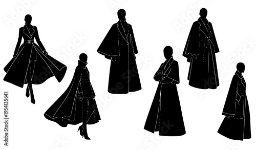 Stylish women silhouette set in coats and capes with white line accents in dynamic fashion poses isolated on white