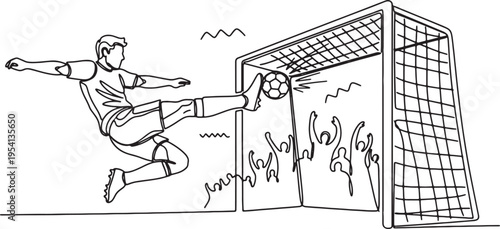 man kicking soccer ball into goal with crowd cheering