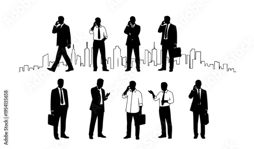 Corporate silhouettes of business professionals on phone calls with urban skyline line art isolated on white