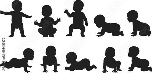 Baby silhouette activity set, cute infant crawling and sitting poses, child vector collection, minimal flat design illustration pack