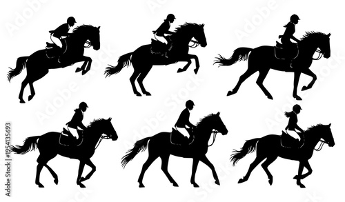 Dynamic horse rider silhouette set with equestrian action poses including jumping and galloping isolated on white