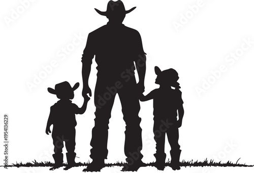 Silhouette of cowboy father and children standing together on grassy field