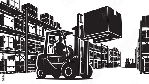 Forklift operator moves a large box within a warehouse featuring tall shelving racks and inventory storage.