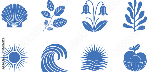 A vibrant assortment of eight blue minimalist icons depicting natural elements and food items