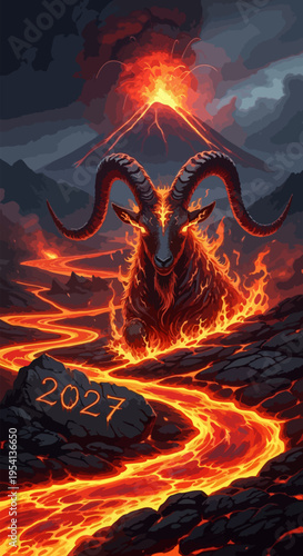 Fiery goat stands amidst molten lava flow, powerful mythical creature with large horns glowing in inferno. Fiery goat surrounded by erupting volcano and streams of red hot magma,