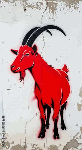 Bold red goat stencil painted on weathered white wall, showing stylized animal with black horns and hooves. Unique red goat artwork captures urban street art aesthetic,
