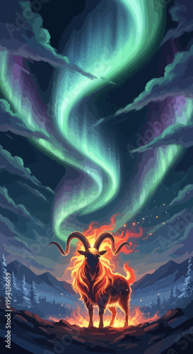 Fiery ram stands majestically under northern lights, vibrant green and purple aurora borealis illuminating night sky. Mystical fiery ram illustration captures powerful animal in forest.