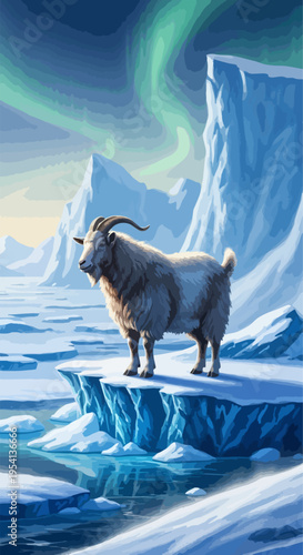 Mountain goat on icy cliff, surrounded by frozen landscape, towering icebergs, and vibrant northern lights. Mountain goat embodies wild resilience in arctic environment,