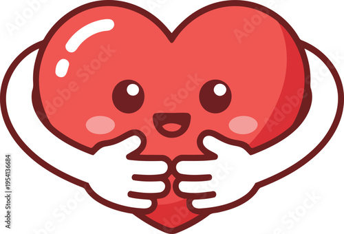 An adorable animated red heart character with sparkling eyes happily hugging its own body