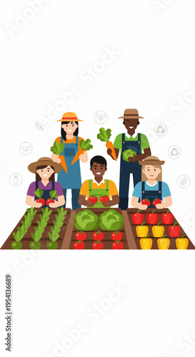 Farmers harvesting vegetables from rich garden beds, showing fresh produce. Diverse farmers harvesting vegetables, cheerfully cultivating organic crops.