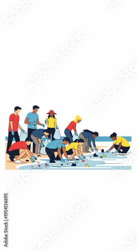 Diverse group performs active community cleanup, collecting trash from outdoor area. Volunteers participate in collaborative community cleanup, wearing gloves and working to protect environment.