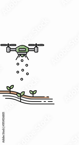 Smart farming drone sprays young plants in field, demonstrating modern precision agriculture technology. Smart farming drone provides efficient solution for crop management,