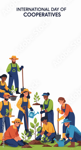 International Day of Cooperatives illustration shows diverse group of people planting trees and working together in green environment. International Day of Cooperatives concept emphasizes teamwork,