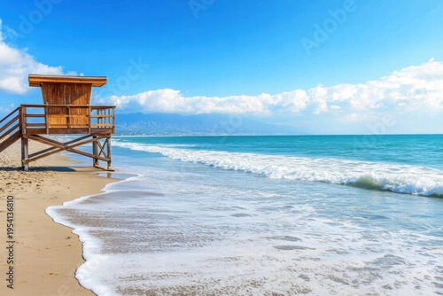 Sandy beach with wooden lifeguard tower