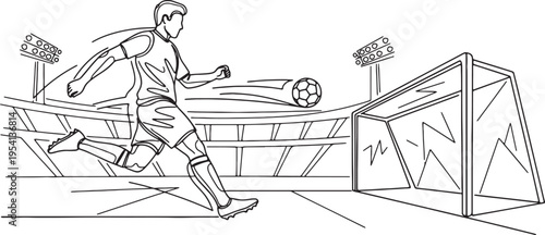 Soccer player kicking ball into goal on field