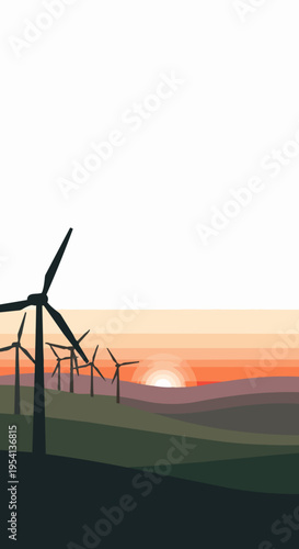 Wind turbines stand on rolling hills during vibrant sunset. Modern wind turbines generate clean energy, representing sustainable power development for future. Concept for green technology,