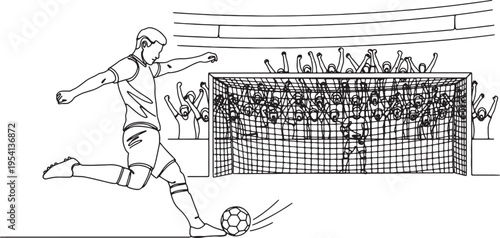 Soccer player kicking ball into goal with cheering crowd