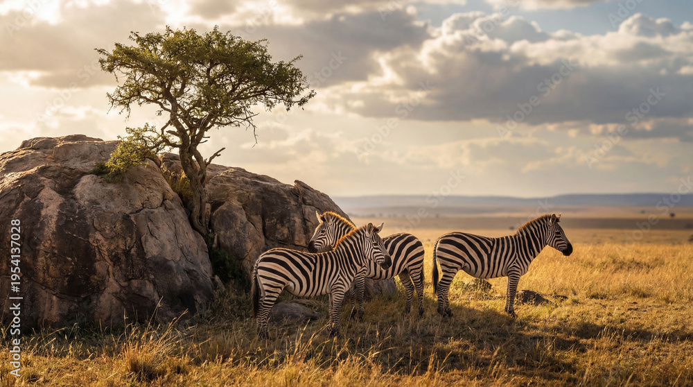 Obraz premium Herd of zebras graze near a kopje rock formation and solitary tree in African savanna at sunset