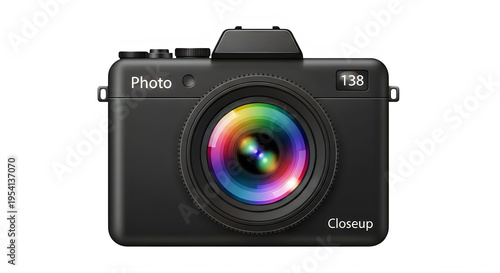 A black canon eos m50 camera with a large lens and colorful reflection