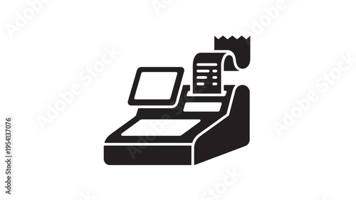 A black silhouette icon represents a modern electronic cash register printing a receipt on a white background.