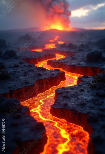Volcanic Lava Flow Dramatic Landscape Igneous Rock Formation Fiery Eruption Moonscape