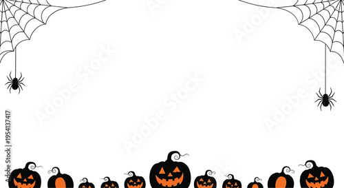 Halloween horizontal frame with spooky spider webs spiders
