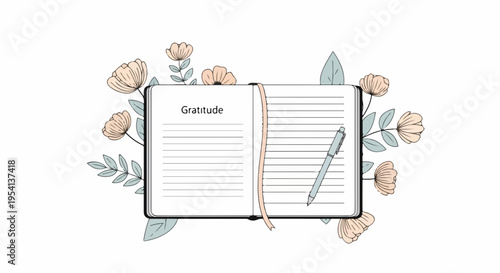 Floral gratitude journal illustration with open pages, displaying 'Gratitude' text and a gentle pen. This gratitude journal setup encourages mindfulness practice and daily reflection.