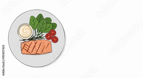 Grilled salmon plate with fresh green spinach, vibrant cherry tomatoes, and creamy dipping sauce. Healthy grilled salmon meal on white plate, featuring rosemary garnish.
