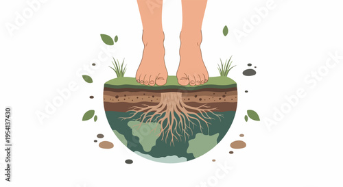 Human feet standing on earth roots, showing connection to natural ground. Roots grow deep into world map globe, symbolizing vital earth roots and ecological foundation.