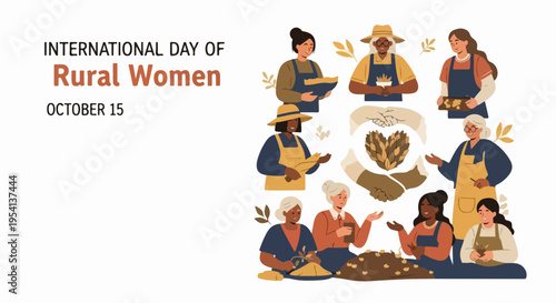Illustration celebrating International Day of Rural Women, showing diverse women engaged in farming activities. This International Day of Rural Women highlights their vital role in agriculture,