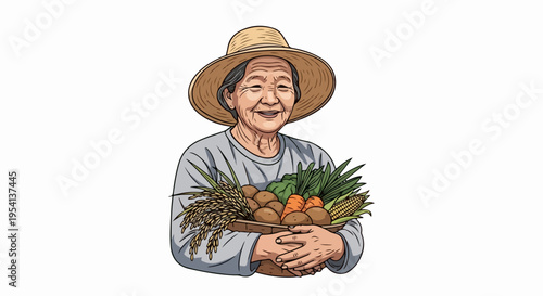 Smiling senior woman farmer proudly holds basket of harvested vegetables. Experienced woman farmer works hard, cultivating healthy organic food. Image portrays dedication of woman farmer,