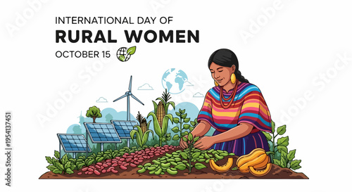Celebrating International Day of Rural Women with farmer tending crops, highlighting sustainable agriculture.