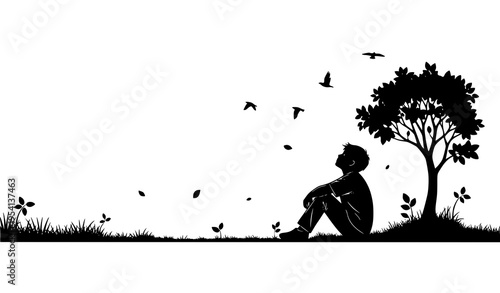 Sitting boy silhouette with tree and birds nature scene black vector illustration isolated on white