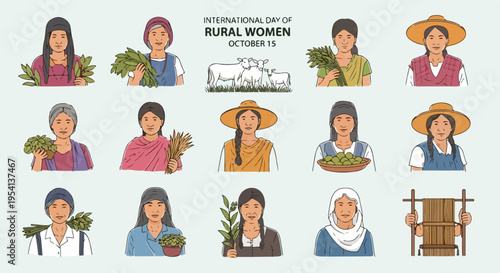 Diverse rural women illustrations depict global agricultural workers. Images portray hardworking rural women in traditional clothing, holding crops or tools, symbolizing their essential role.