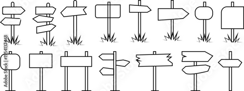 A collection of various blank wooden signpost icons presented in a clean black and white line art