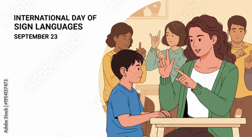 Sign language class illustration, showing teacher instructing child in communication. Sign language class fosters inclusivity,