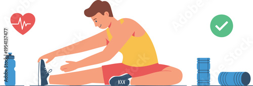 Young man stretching legs while sitting on floor for warm up exercise in gym near water bottle and health heart.