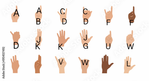 Clear sign language alphabet presenting diverse hand shapes for visual communication. Sign language alphabet includes letters A through Z, showing varied skin tones.