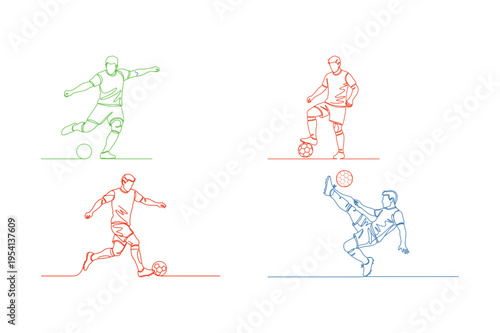 soccer players kicking ball in different poses and colors