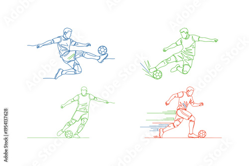 soccer players in different poses kicking ball