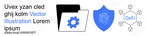 Technology, blockchain, cybersecurity, data management, decentralized systems, network security. Folder with gear icon, fingerprint shield and blockchain structure. Cybersecurity and blockchain