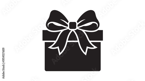 A simple black silhouette icon of a wrapped gift box with a large bow sits isolated against a white background.