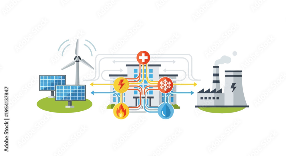Obraz premium Integrated Energy Management System Diagram: Renewable Power, Smart Grid, Building Utilities & Sustainable Infrastructure