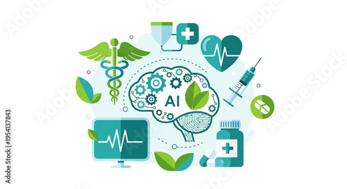 AI Healthcare Concept: Artificial Intelligence Brain with Medical Symbols, Digital Health Technology, and Smart Medicine Solutions.