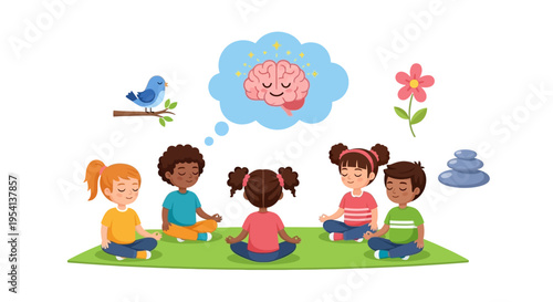 Children's Mindfulness Meditation: Diverse Kids Practice Yoga for Mental Wellness, Emotional Balance, Inner Peace, and Calmness with Zen Elements.