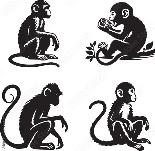 Collection of black silhouette monkey icons in various poses, isolated on a white background.