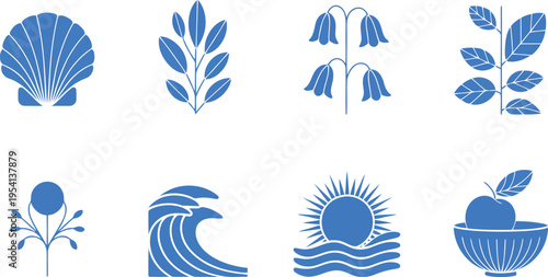 Collection of eight simple blue minimalist icons showing a shell, plants, a wave, sun, and fruit